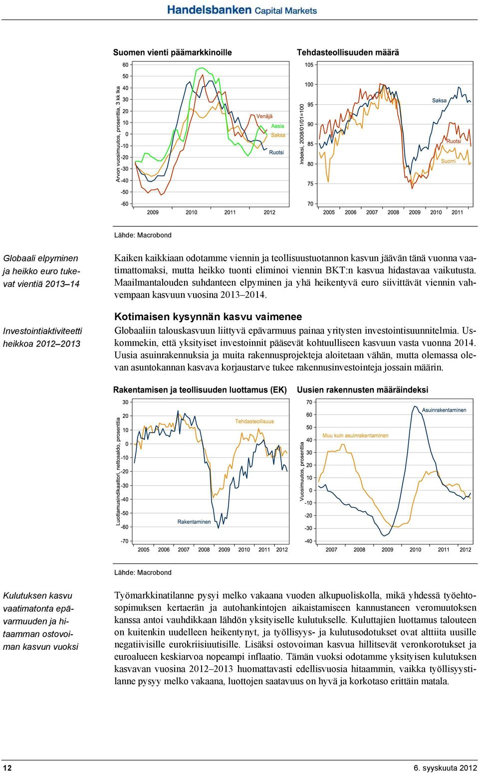 Maailmantalouden suhdanteen elpyminen ja yhä heikentyvä euro siivittävät viennin vahvempaan kasvuun vuosina 2013 2014.