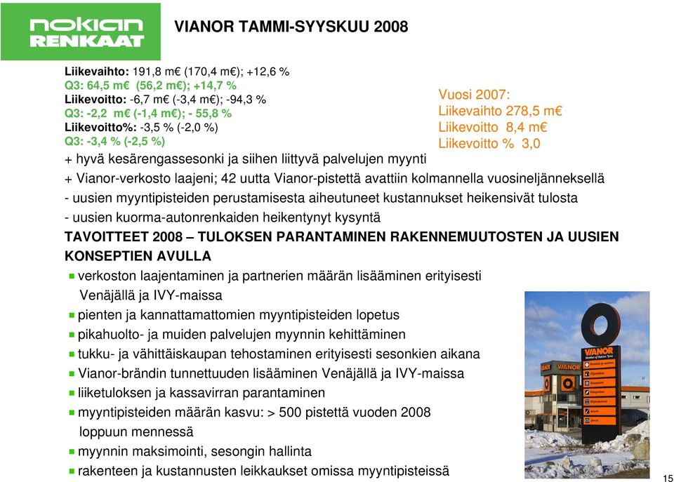 Vianor-pistettä avattiin kolmannella vuosineljänneksellä - uusien myyntipisteiden perustamisesta aiheutuneet kustannukset heikensivät tulosta - uusien kuorma-autonrenkaiden heikentynyt kysyntä