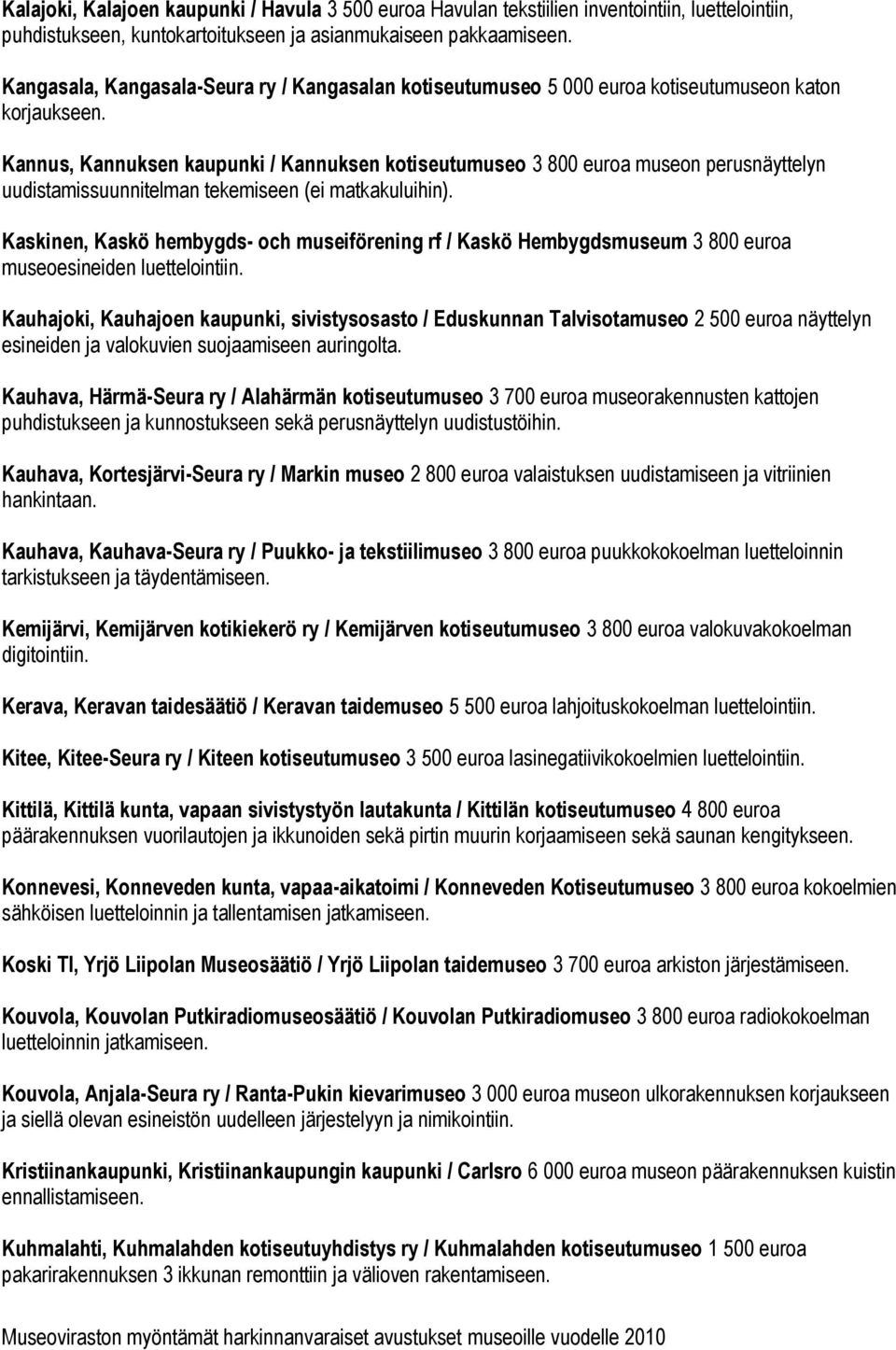 Kannus, Kannuksen kaupunki / Kannuksen kotiseutumuseo 3 800 euroa museon perusnäyttelyn uudistamissuunnitelman tekemiseen (ei matkakuluihin).