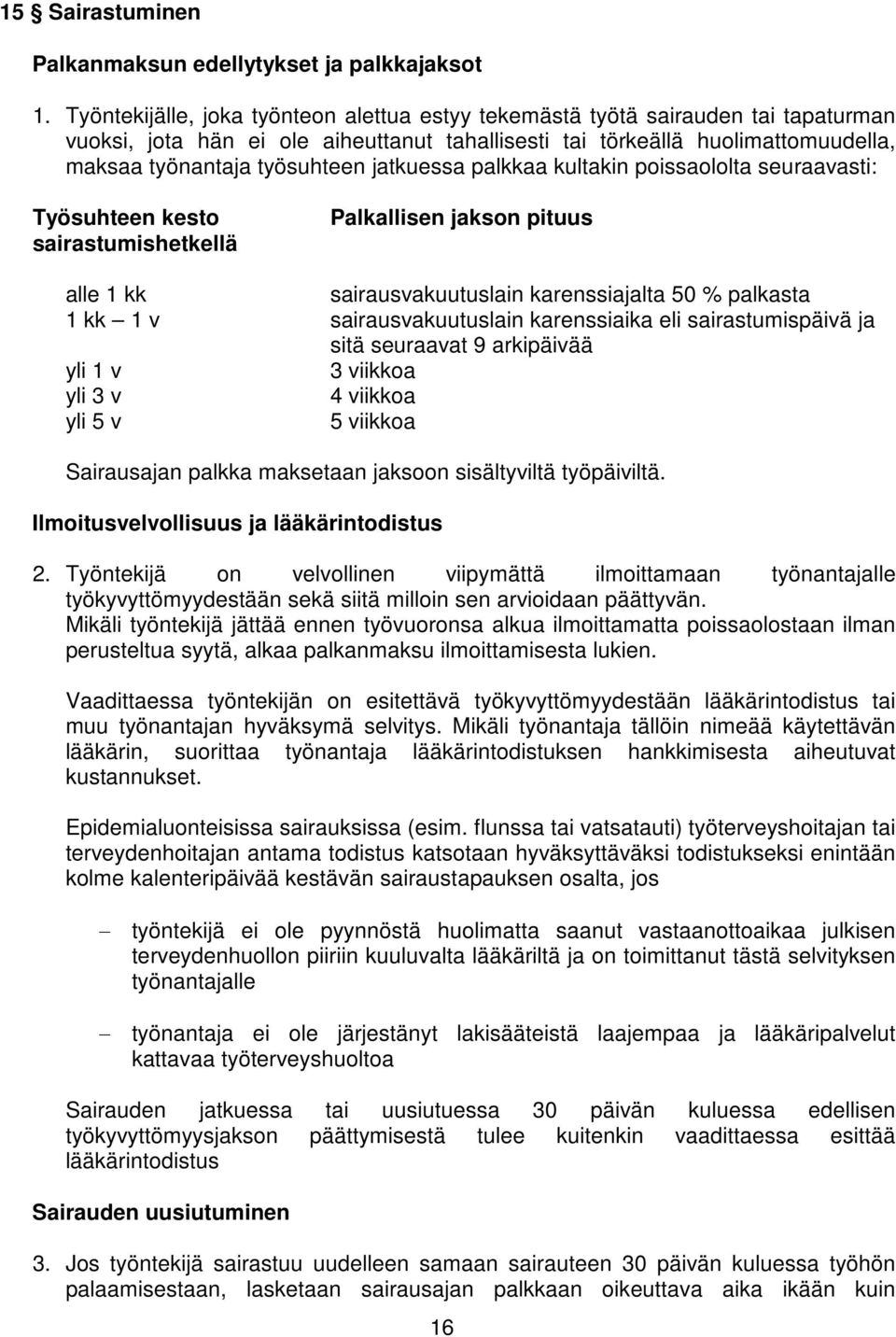 jatkuessa palkkaa kultakin poissaololta seuraavasti: Työsuhteen kesto sairastumishetkellä Palkallisen jakson pituus alle 1 kk sairausvakuutuslain karenssiajalta 50 % palkasta 1 kk 1 v