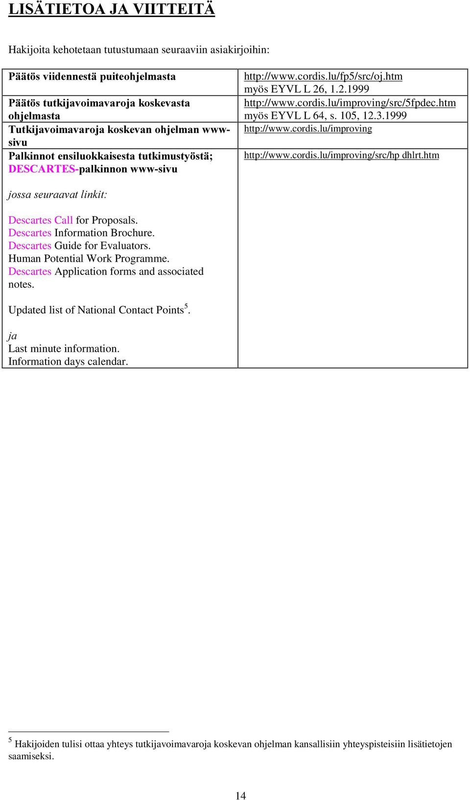 105, 12.3.1999 http://www.cordis.lu/improving http://www.cordis.lu/improving/src/hp dhlrt.htm MRVVDVHXUDDYDWOLQNLW Descartes Call for Proposals. Descartes Information Brochure.