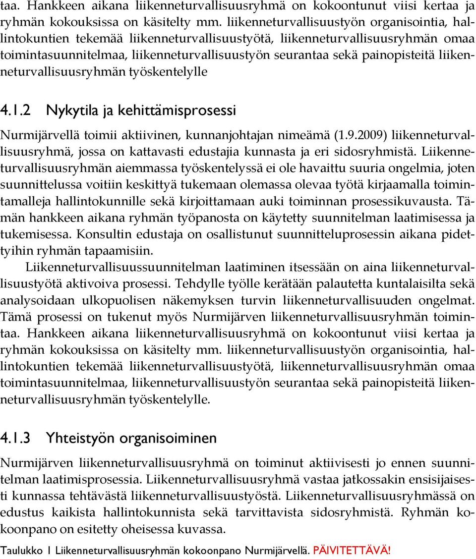 liikenneturvallisuusryhmän työskentelylle 4.1.2 Nykytila ja kehittämisprosessi Nurmijärvellä toimii aktiivinen, kunnanjohtajan nimeämä (1.9.