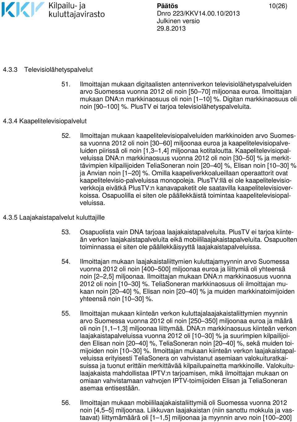 Digitan markkinaosuus oli noin [90 100] %. PlusTV ei tarjoa televisiolähetyspalveluita. 52.