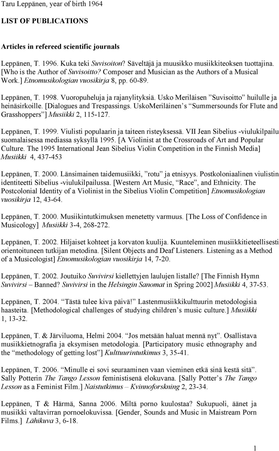 Usko Meriläisen Suvisoitto huilulle ja heinäsirkoille. [Dialogues and Trespassings. UskoMeriläinen s Summersounds for Flute and Grasshoppers ] Musiikki 2, 115-127. Leppänen, T. 1999.