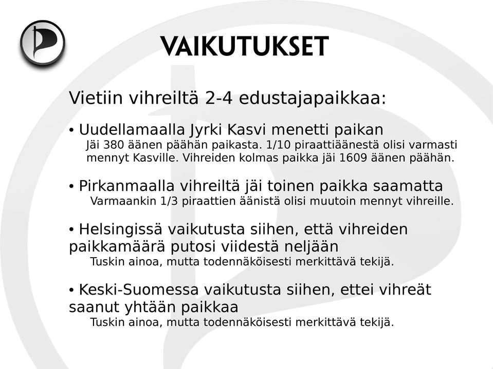 Pirkanmaalla vihreiltä jäi toinen paikka saamatta Varmaankin 1/3 piraattien äänistä olisi muutoin mennyt vihreille.