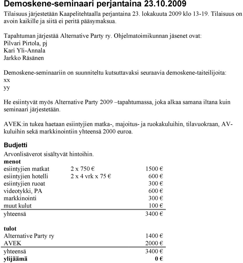 Ohjelmatoimikunnan jäsenet ovat: Pilvari Pirtola, pj Kari Yli-Annala Jarkko Räsänen Demoskene-seminaariin on suunniteltu kutsuttavaksi seuraavia demoskene-taiteilijoita: xx yy He esiintyvät myös