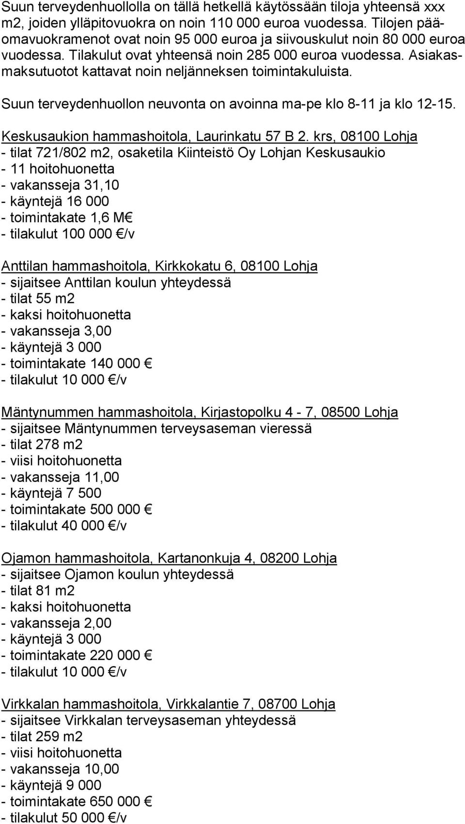 Asia kasmak su tuo tot kattavat noin neljänneksen toimintakuluista. Suun terveydenhuollon neuvonta on avoinna ma-pe klo 8-11 ja klo 12-15. Keskusaukion hammashoitola, Laurinkatu 57 B 2.