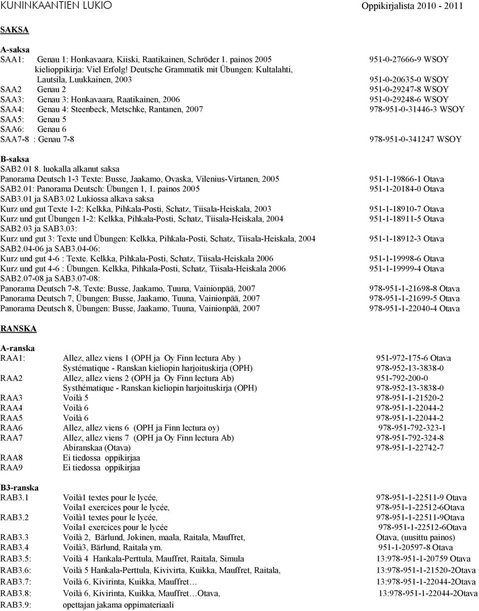 4: Steenbeck, Metschke, Rantanen, 2007 978-951-0-31446-3 WSOY SAA5: Genau 5 SAA6: Genau 6 SAA7-8 : Genau 7-8 978-951-0-341247 WSOY B-saksa SAB2.01 8.