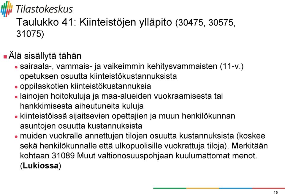 aiheutuneita kuluja kiinteistöissä sijaitsevien opettajien ja muun henkilökunnan asuntojen osuutta kustannuksista muiden vuokralle annettujen tilojen