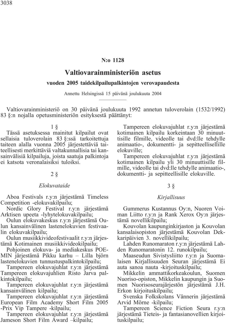 2005 järjestettäviä taiteellisesti merkittäviä valtakunnallisia tai kansainvälisiä kilpailuja, joista saatuja palkintoja ei katsota veronalaisiksi tuloiksi. 2 Elokuvataide Aboa Festivals r.