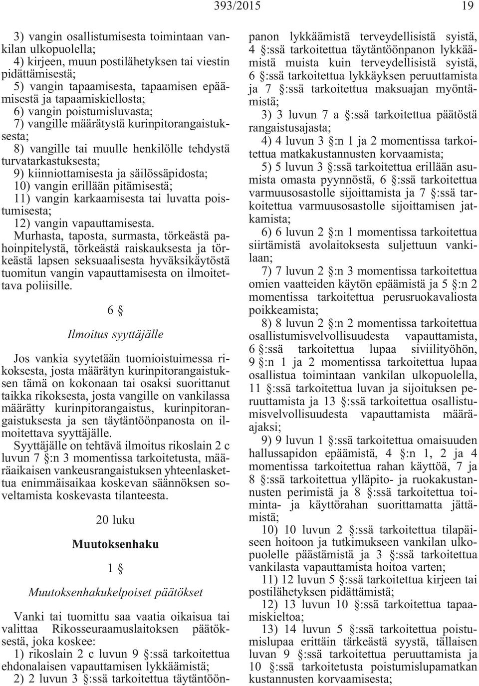 säilössäpidosta; 10) vangin erillään pitämisestä; 11) vangin karkaamisesta tai luvatta poistumisesta; 12) vangin vapauttamisesta.