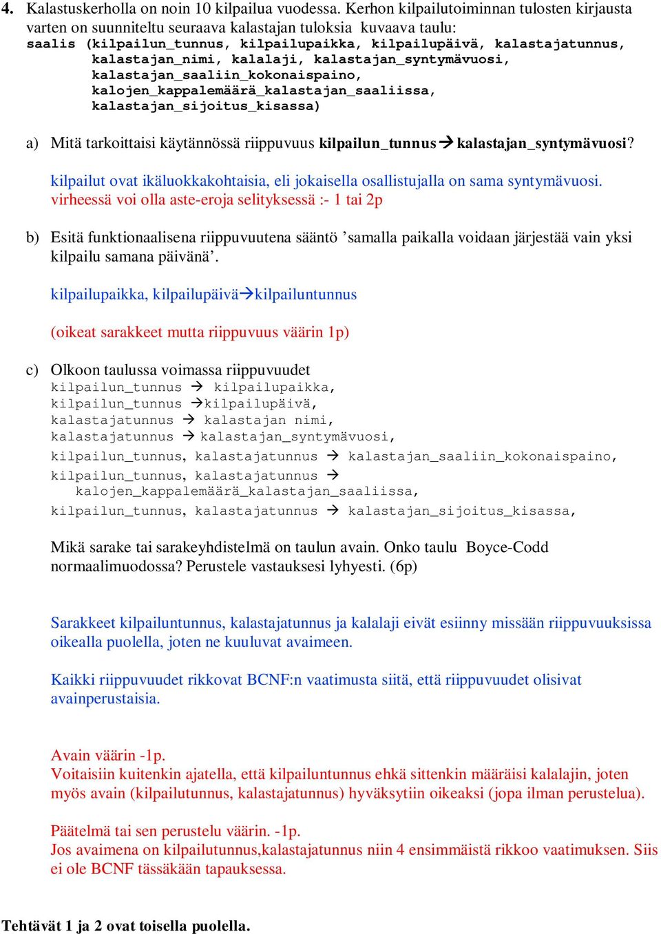 kalastajan_nimi, kalalaji, kalastajan_syntymävuosi, kalastajan_saaliin_kokonaispaino, kalojen_kappalemäärä_kalastajan_saaliissa, kalastajan_sijoitus_kisassa) a) Mitä tarkoittaisi käytännössä