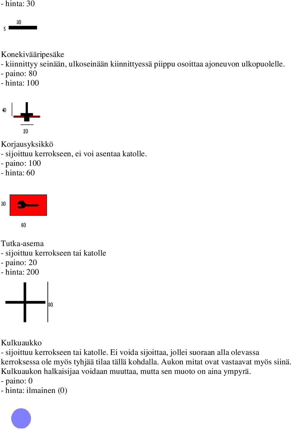 - paino: 100 - hinta: 60 Tutka-asema - sijoittuu kerrokseen tai katolle - paino: 20 - hinta: 200 Kulkuaukko - sijoittuu kerrokseen tai katolle.