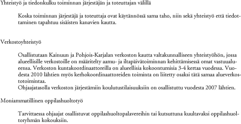 Verkostoyhteistyö Osallistutaan Kainuun ja Pohjois-Karjalan verkoston kautta valtakunnalliseen yhteistyöhön, jossa alueellisille verkostoille on määritelty aamu- ja iltapäivätoiminnan kehittämisessä