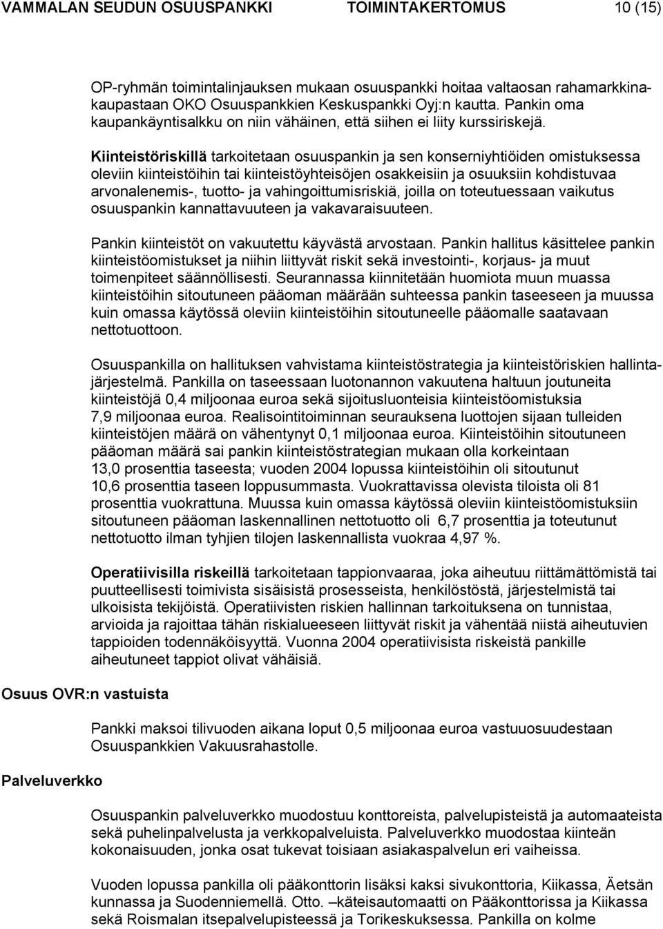 Kiinteistöriskillä tarkoitetaan osuuspankin ja sen konserniyhtiöiden omistuksessa oleviin kiinteistöihin tai kiinteistöyhteisöjen osakkeisiin ja osuuksiin kohdistuvaa arvonalenemis-, tuotto- ja