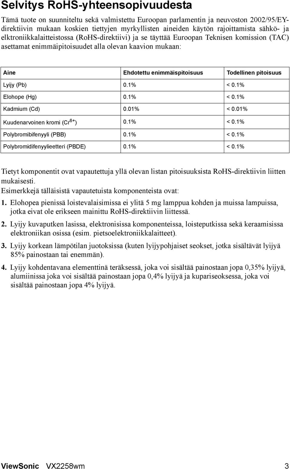 Todellinen pitoisuus Lyijy (Pb) 0.1% < 0.1% Elohope (Hg) 0.1% < 0.1% Kadmium (Cd) 0.01% < 0.01% Kuudenarvoinen kromi (Cr 6+ ) 0.1% < 0.1% Polybromibifenyyli (PBB) 0.1% < 0.1% Polybromidifenyylieetteri (PBDE) 0.