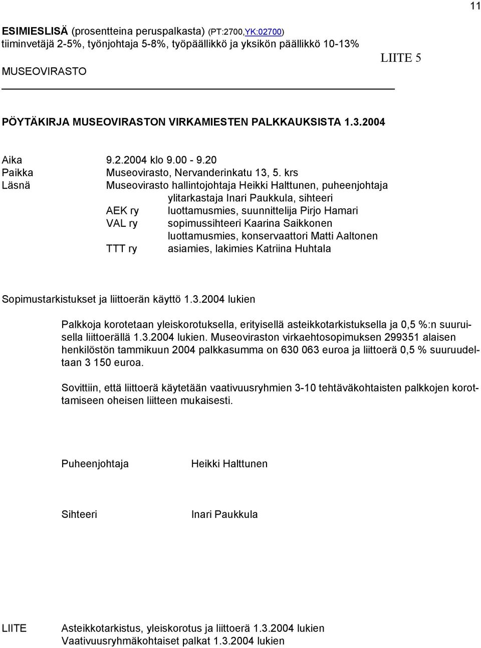 krs Läsnä Museovirasto hallintojohtaja Heikki Halttunen, puheenjohtaja ylitarkastaja Inari Paukkula, sihteeri AEK ry luottamusmies, suunnittelija Pirjo Hamari VAL ry sopimussihteeri Kaarina Saikkonen