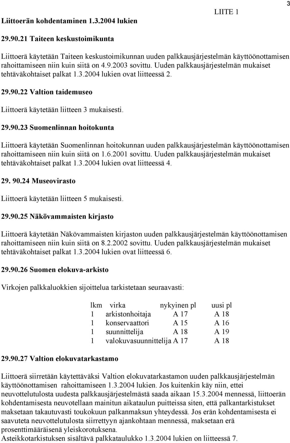 Uuden palkkausjärjestelmän mukaiset tehtäväkohtaiset palkat 1.3.2004 lukien ovat liitteessä 2. 29.90.