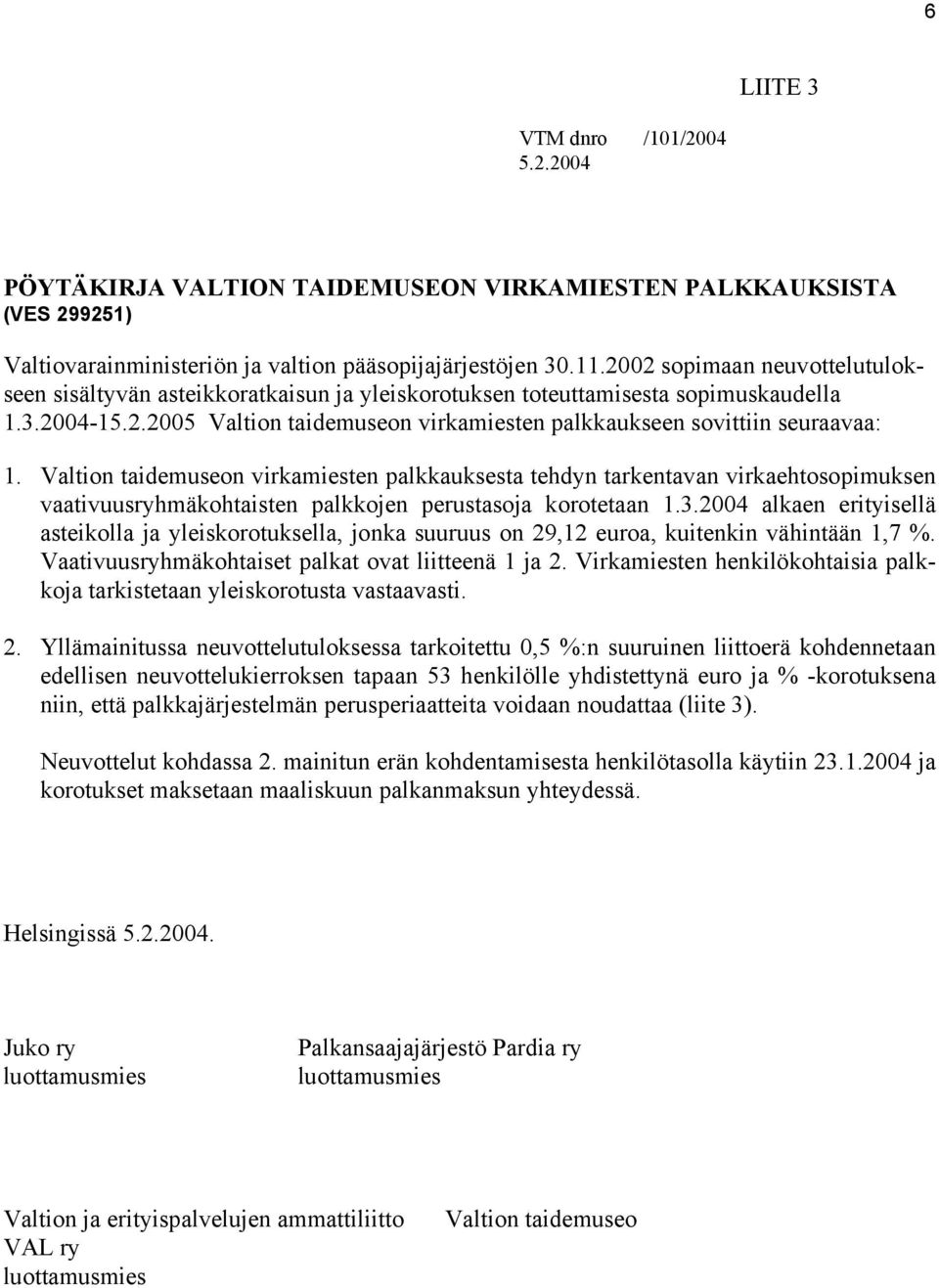 Valtion taidemuseon virkamiesten palkkauksesta tehdyn tarkentavan virkaehtosopimuksen vaativuusryhmäkohtaisten palkkojen perustasoja korotetaan 1.3.