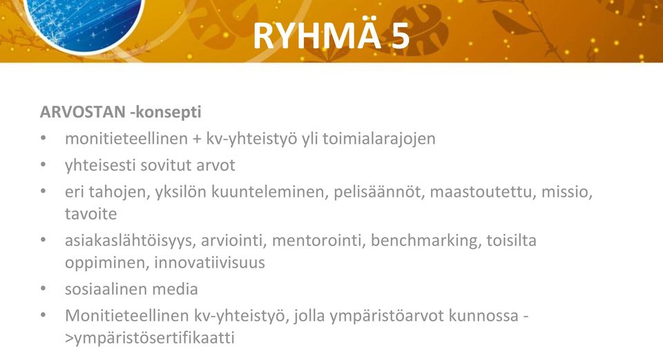 asiakaslähtöisyys, arviointi, mentorointi, benchmarking, toisilta oppiminen, innovatiivisuus