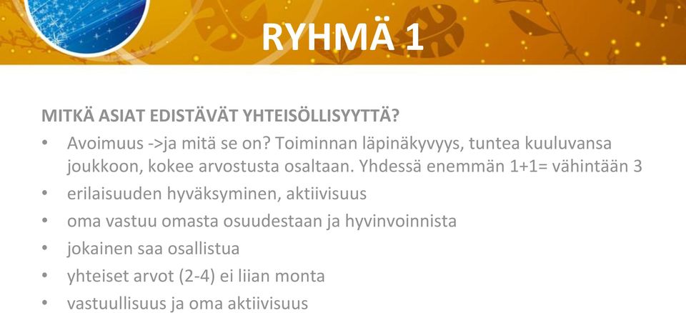 Yhdessä enemmän 1+1= vähintään 3 erilaisuuden hyväksyminen, aktiivisuus oma vastuu omasta