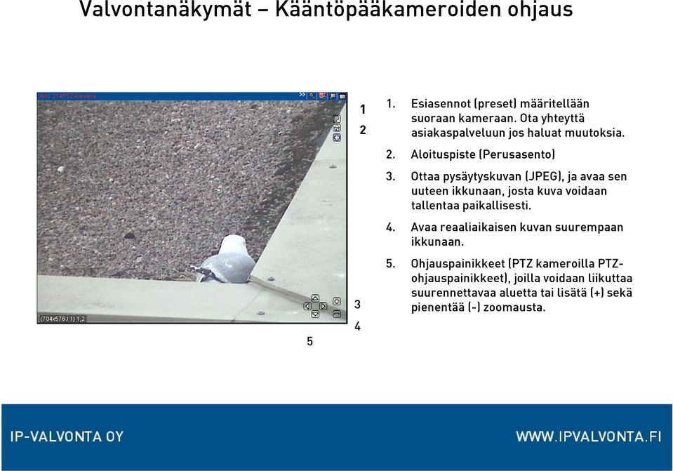 Ottaa pysäytyskuvan (JPEG), ja avaa sen uuteen ikkunaan, josta kuva voidaan tallentaa paikallisesti. 4.