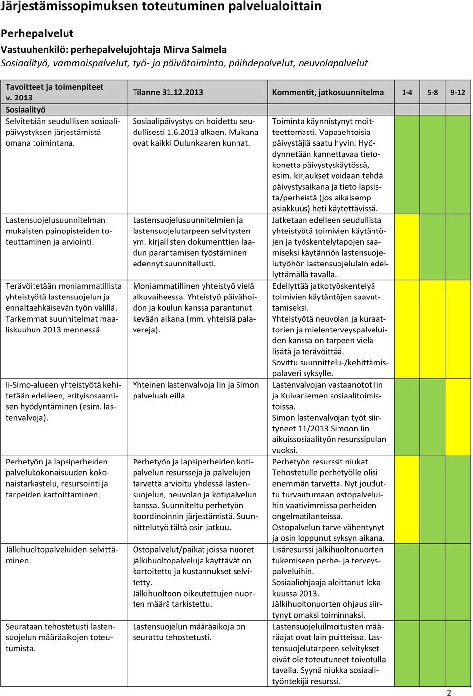 Lastensuojelusuunnitelman mukaisten painopisteiden toteuttaminen ja arviointi. Terävöitetään moniammatillista yhteistyötä lastensuojelun ja ennaltaehkäisevän työn välillä.