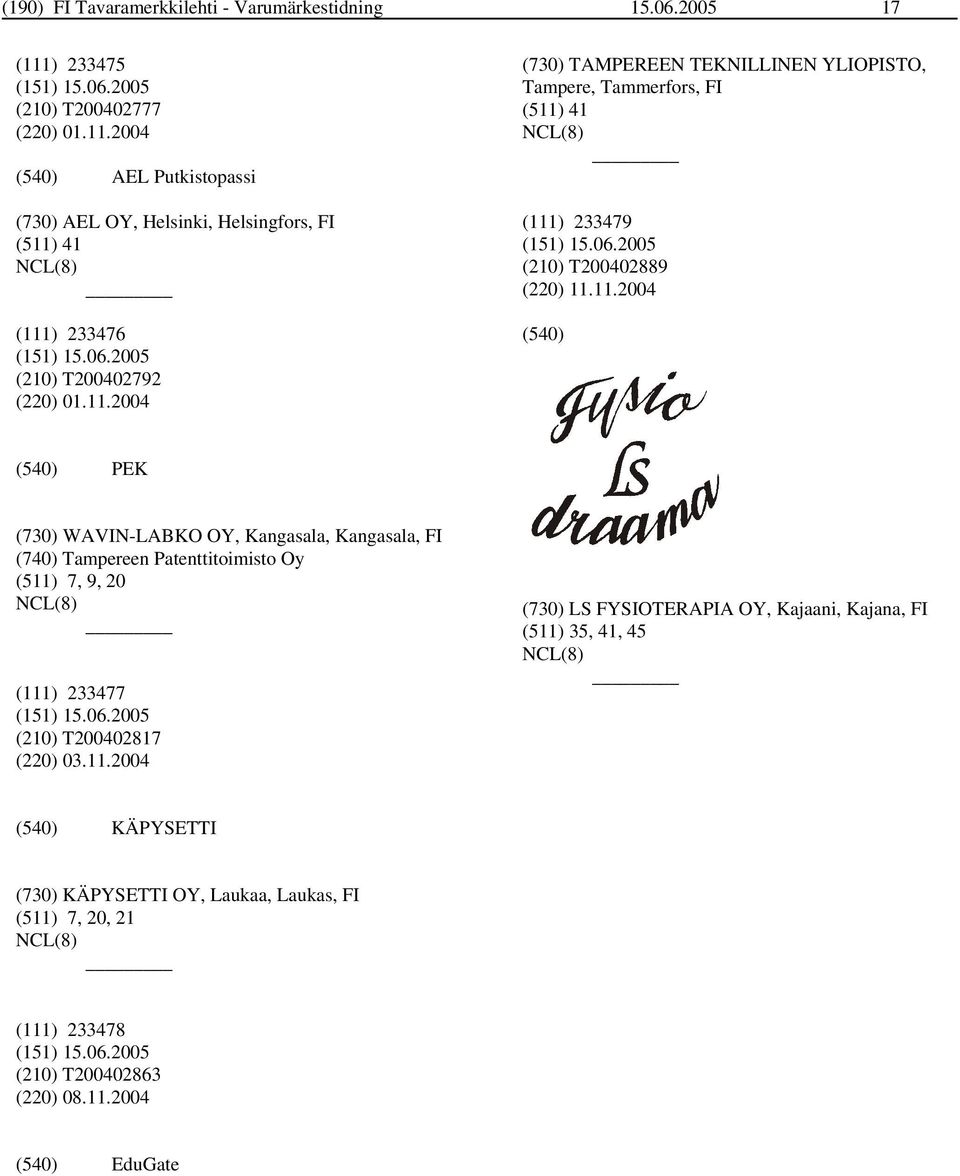 11.2004 PEK (730) WAVIN-LABKO OY, Kangasala, Kangasala, FI (740) Tampereen Patenttitoimisto Oy (511) 7, 9, 20 (111) 233477 (210) T200402817 (220) 03.11.2004 (730) LS