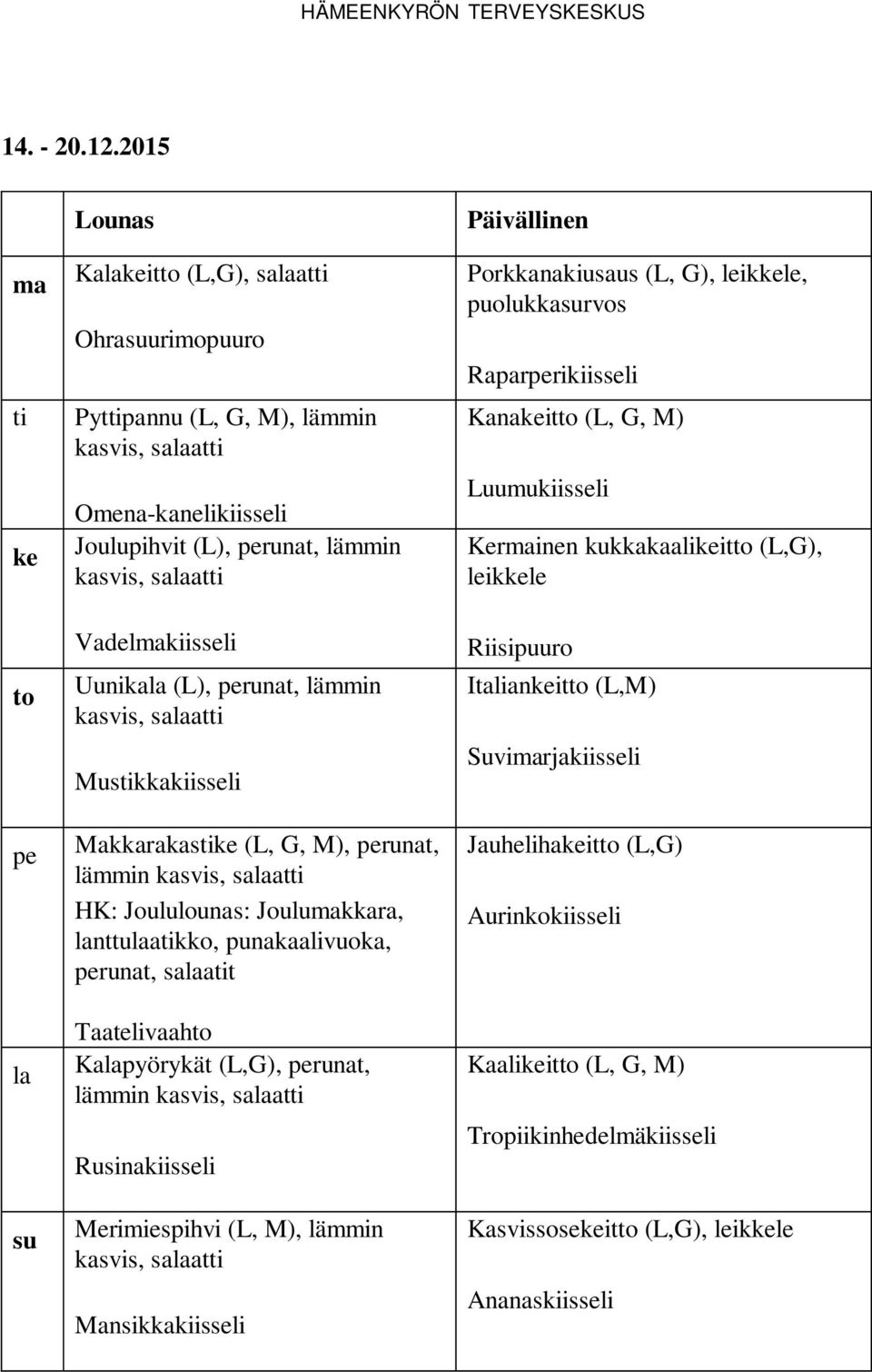 Muskkakiisseli Makkarakas (L, G, M), runat, HK: Joululounas: Joulukkara, nttuakko, punakaalivuoka, runat, saat Taatelivaah Kapyörykät (L,G), runat,