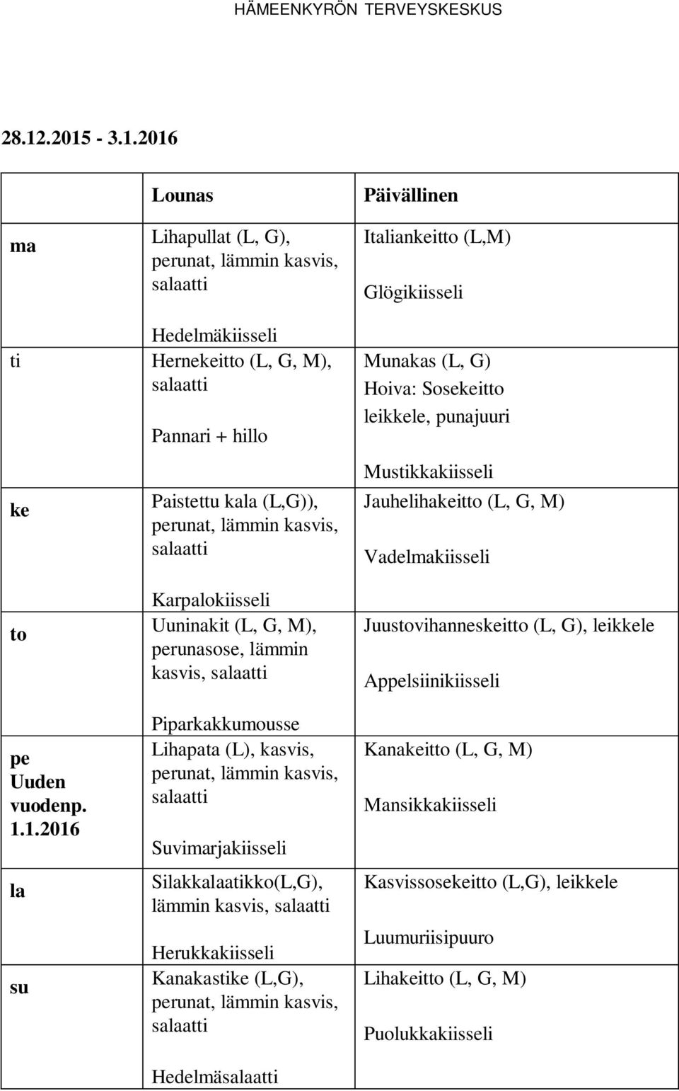 Sikkaakko(L,G), Herukkakiisseli Kanakas (L,G), runat, lämmin kasvis, saat Hedelmäsaat Italianit (L,M) Glögikiisseli Munakas (L, G) Hoiva: Soseit leikle, punajuuri