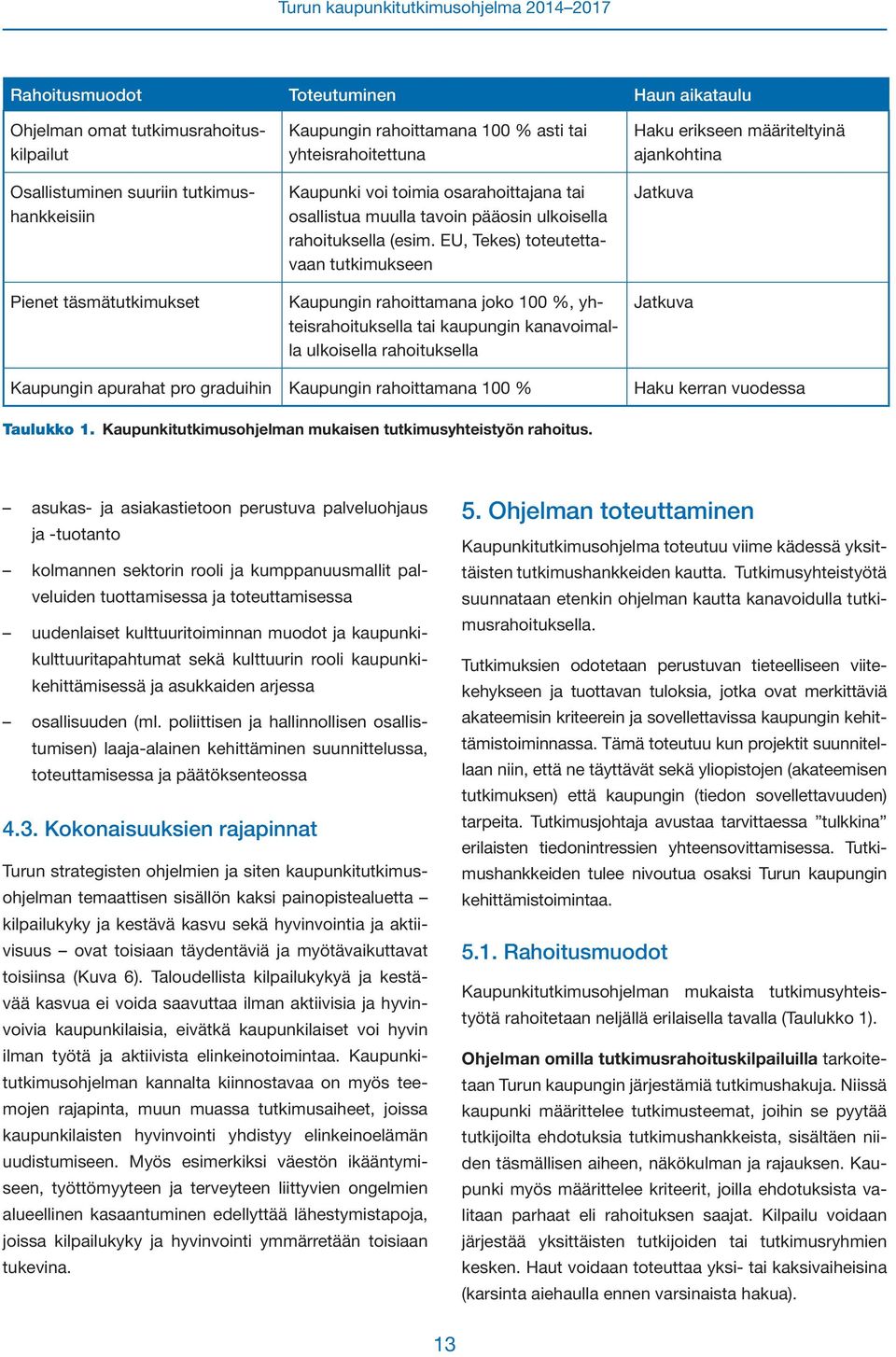 EU, Tekes) toteutettavaan tutkimukseen Kaupungin rahoittamana joko 100 %, yhteisrahoituksella tai kaupungin kanavoimalla ulkoisella rahoituksella Haku erikseen määriteltyinä ajankohtina Jatkuva