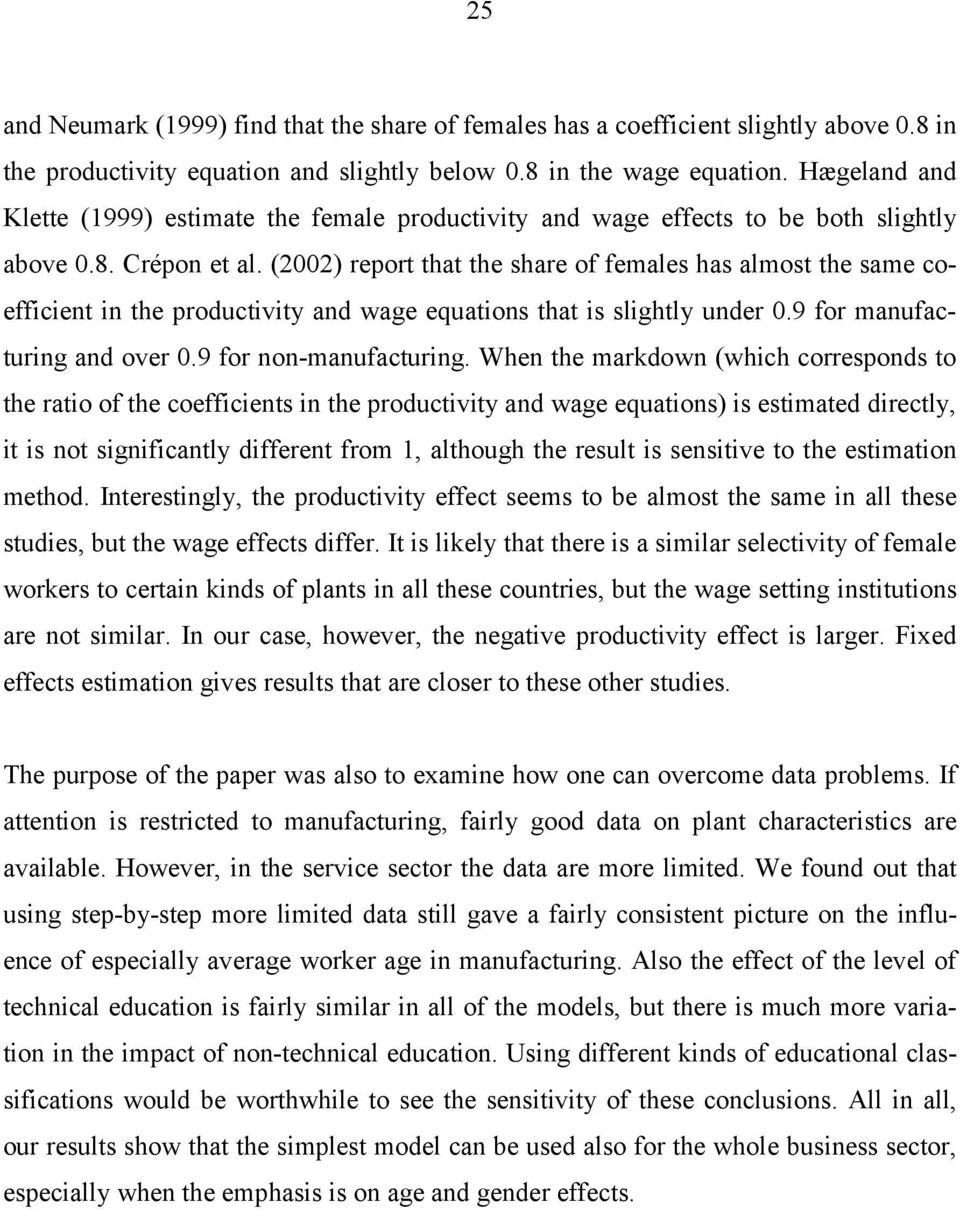 (2002) report that the share of females has almost the same coefficient in the productivity and wage equations that is slightly under 0.9 for manufacturing and over 0.9 for non-manufacturing.