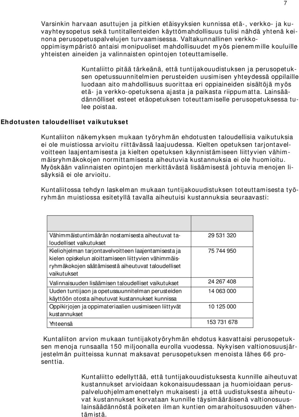 Ehdotusten taloudelliset vaikutukset Kuntaliitto pitää tärkeänä, että tuntijakouudistuksen ja perusopetuksen opetussuunnitelmien perusteiden uusimisen yhteydessä oppilaille luodaan aito mahdollisuus