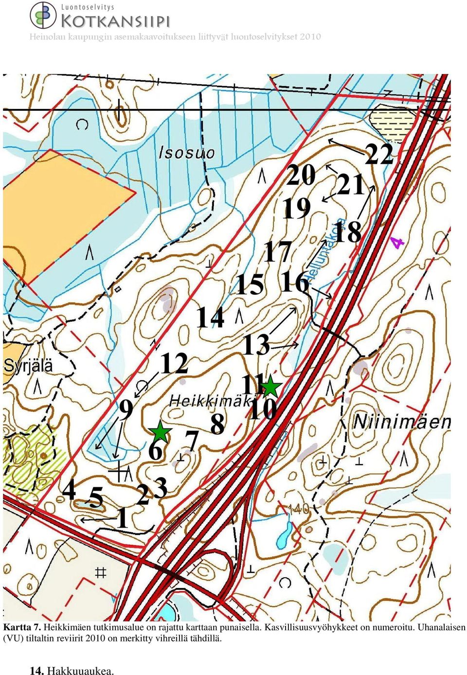 punaisella. Kasvillisuusvyöhykkeet on numeroitu.