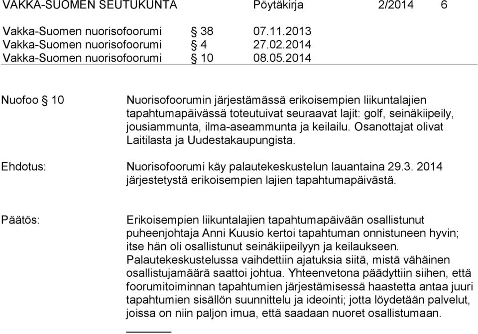 Osanottajat olivat Laitilasta ja Uudestakaupungista. Nuorisofoorumi käy palautekeskustelun lauantaina 29.3. 2014 järjestetystä erikoisempien lajien tapahtumapäivästä.