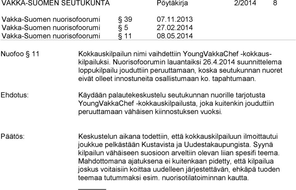 tapahtumaan. Käydään palautekeskustelu seutukunnan nuorille tarjotusta YoungVakkaChef -kokkauskilpailusta, joka kuitenkin jouduttiin peruuttamaan vähäisen kiinnostuksen vuoksi.