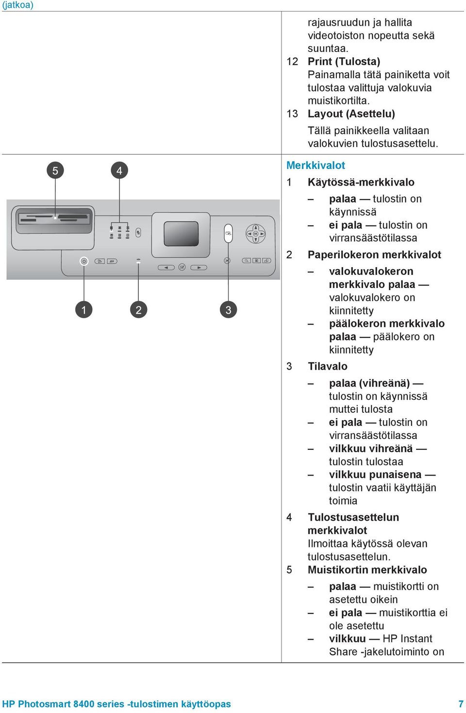 Merkkivalot 1 Käytössä-merkkivalo palaa tulostin on käynnissä ei pala tulostin on virransäästötilassa 2 Paperilokeron merkkivalot valokuvalokeron merkkivalo palaa valokuvalokero on kiinnitetty