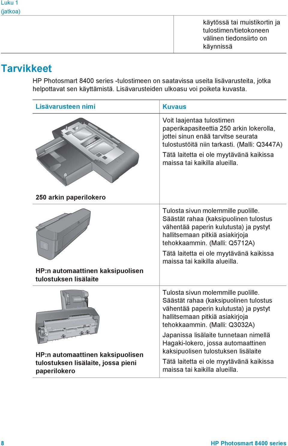 Lisävarusteen nimi Kuvaus Voit laajentaa tulostimen paperikapasiteettia 250 arkin lokerolla, jottei sinun enää tarvitse seurata tulostustöitä niin tarkasti.