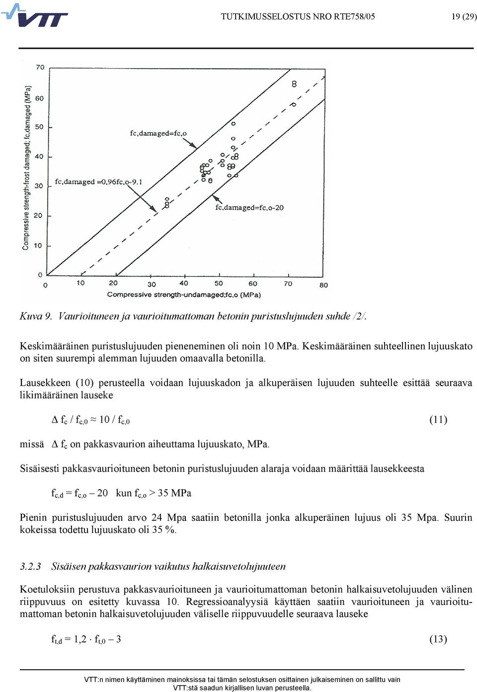 Lausekkeen (10) perusteella voidaan lujuuskadon ja alkuperäisen lujuuden suhteelle esittää seuraava likimääräinen lauseke f c / f c,0 10 / f c,0 (11) missä f c on pakkasvaurion aiheuttama lujuuskato,