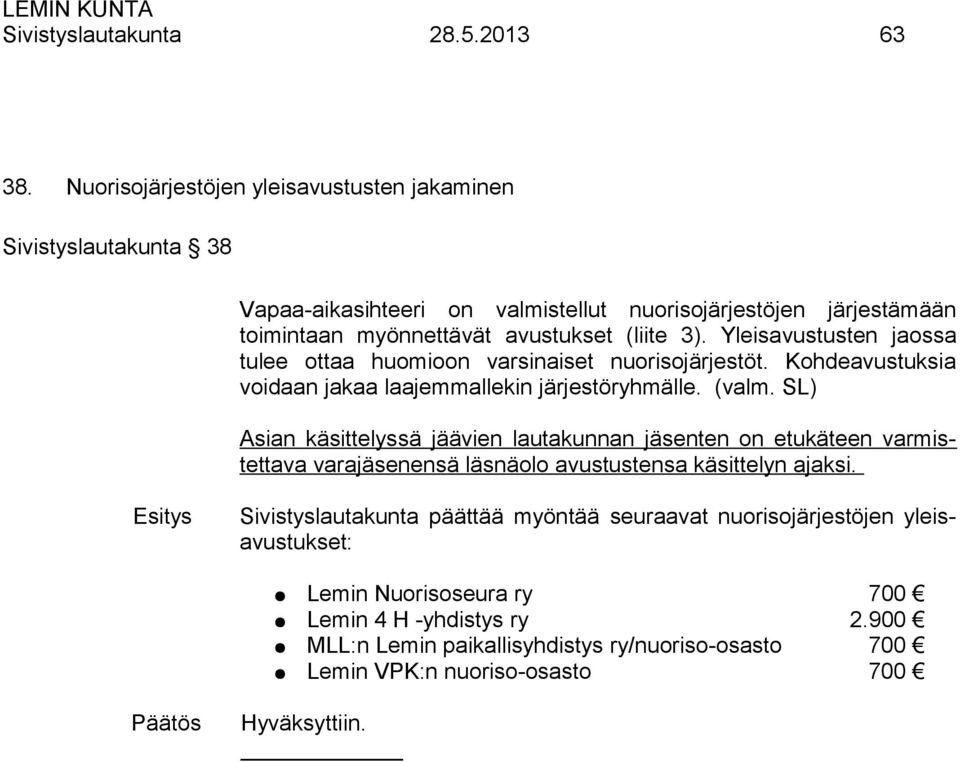 3). Yleisavustusten jaossa tulee ottaa huomioon varsinaiset nuorisojärjestöt. Kohdeavustuksia voidaan jakaa laajemmallekin järjestöryhmälle. (valm.