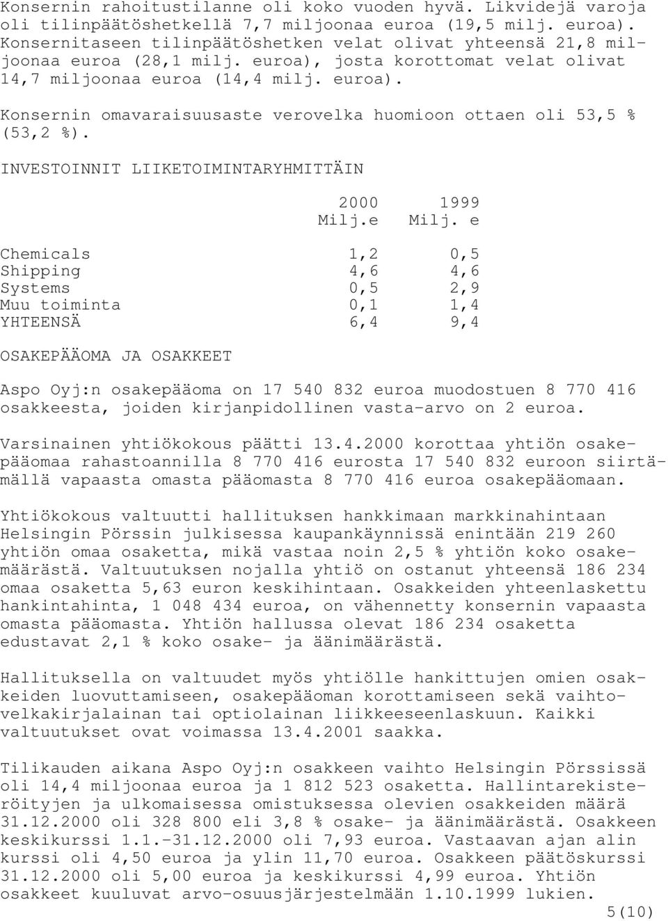 INVESTOINNIT LIIKETOIMINTARYHMITTÄIN 2000 1999 Milj.e Milj.