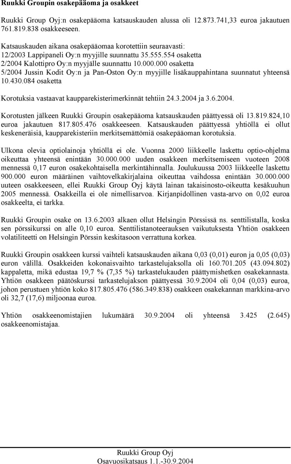 000 osaketta 5/2004 Jussin Kodit Oy:n ja Pan-Oston Oy:n myyjille lisäkauppahintana suunnatut yhteensä 10.430.084 osaketta Korotuksia vastaavat kaupparekisterimerkinnät tehtiin 24.3.2004 ja 3.6.2004. Korotusten jälkeen Ruukki Groupin osakepääoma katsauskauden päättyessä oli 13.