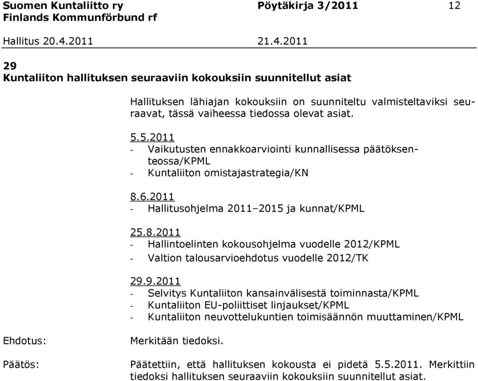 6.2011 - Hallitusohjelma 2011 2015 ja kunnat/kpml 25.8.2011 - Hallintoelinten kokousohjelma vuodelle 2012/KPML - Valtion talousarvioehdotus vuodelle 2012/TK 29.