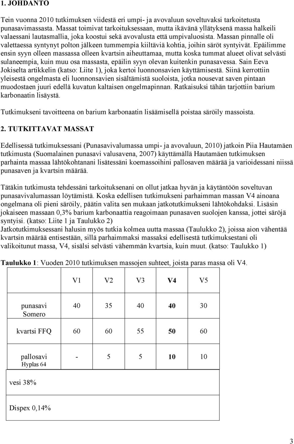 Massan pinnalle oli valettaessa syntynyt polton jälkeen tummempia kiiltäviä kohtia, joihin säröt syntyivät.