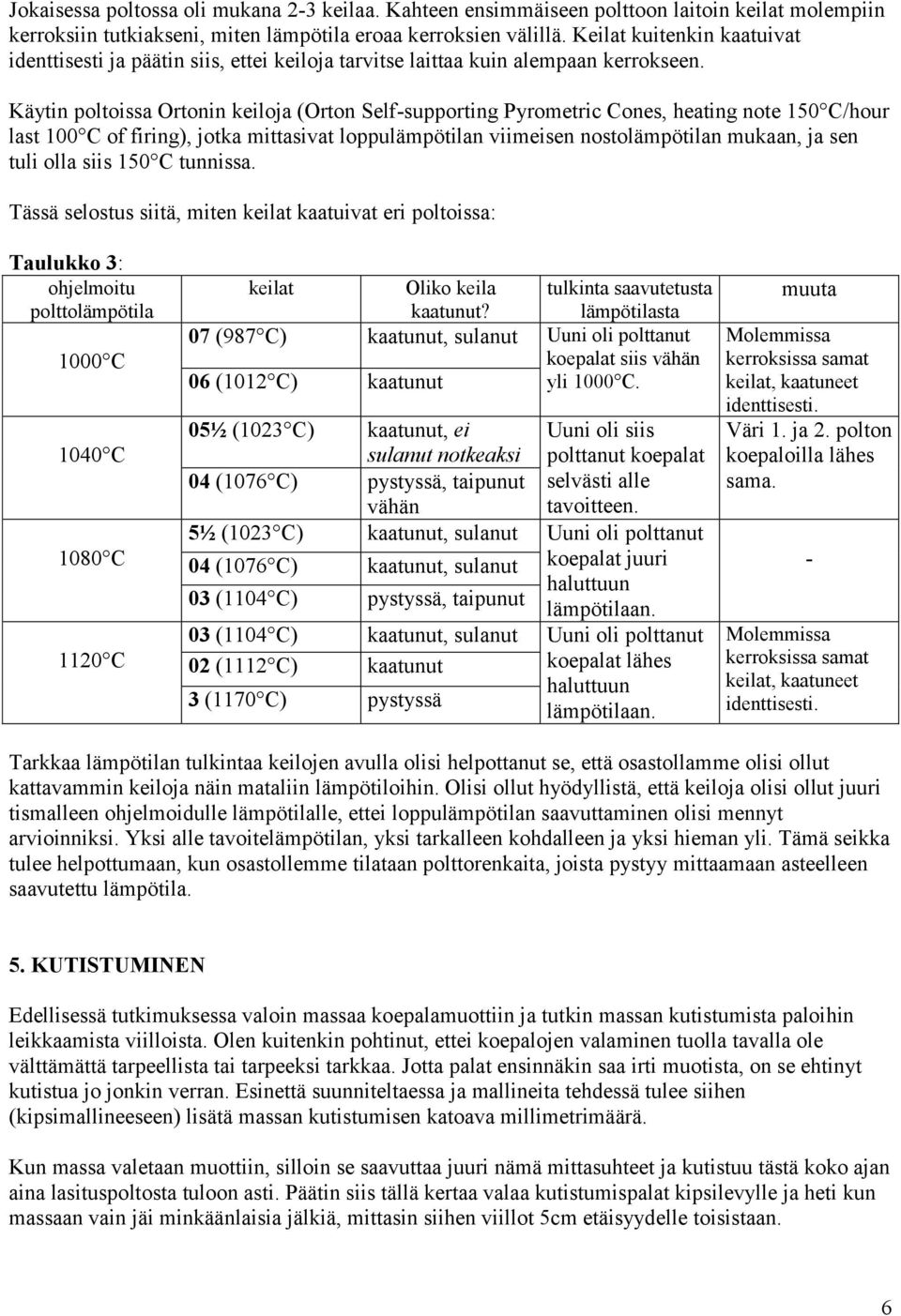 Käytin poltoissa Ortonin keiloja (Orton Self-supporting Pyrometric Cones, heating note 150 C/hour last 100 C of firing), jotka mittasivat loppulämpötilan viimeisen nostolämpötilan mukaan, ja sen tuli