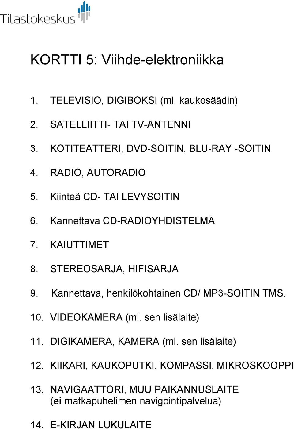 KAIUTTIMET 8. STEREOSARJA, HIFISARJA 9. Kannettava, henkilökohtainen CD/ MP3-SOITIN TMS. 10. VIDEOKAMERA (ml. sen lisälaite) 11.
