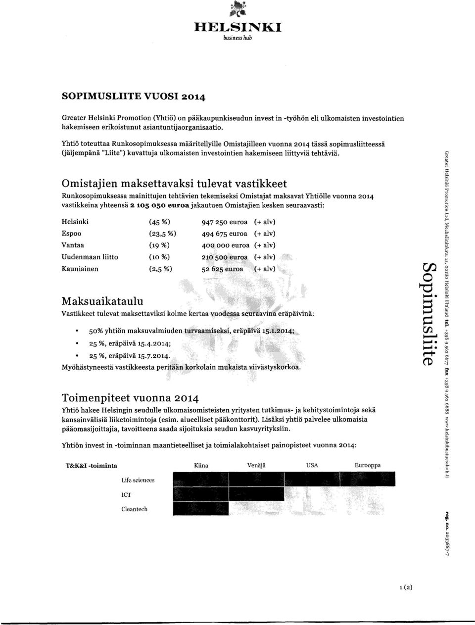 P Omistajien maksettavaksi tulevat vastikkeet Runkosopimuksessa mainittujen tehtävien tekemiseksi Omistajat maksavat Yhtiölle vuonna 214 vastikkeina yhteensä 2 15 5 euroa jakautuen Omistajien kesken