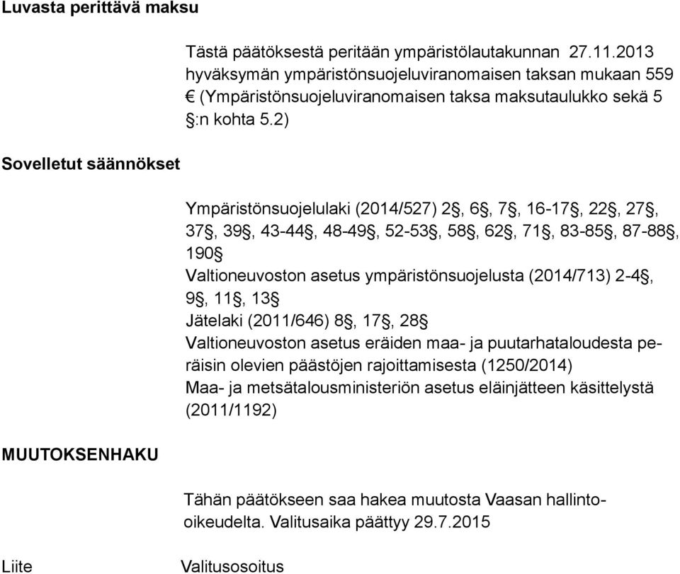 2) Ympäristönsuojelulaki (2014/527) 2, 6, 7, 16-17, 22, 27, 37, 39, 43-44, 48-49, 52-53, 58, 62, 71, 83-85, 87-88, 190 Valtioneuvoston asetus ympäristönsuojelusta (2014/713) 2-4, 9, 11, 13