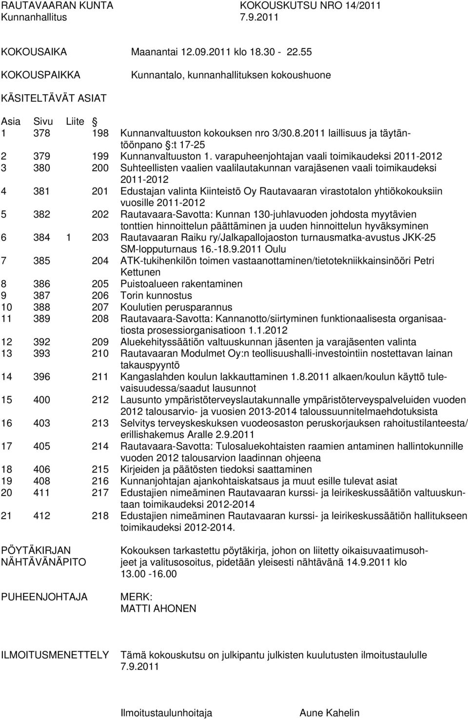 varapuheenjohtajan vaali toimikaudeksi 2011-2012 3 380 200 Suhteellisten vaalien vaalilautakunnan varajäsenen vaali toimikaudeksi 2011-2012 4 381 201 Edustajan valinta Kiinteistö Oy Rautavaaran