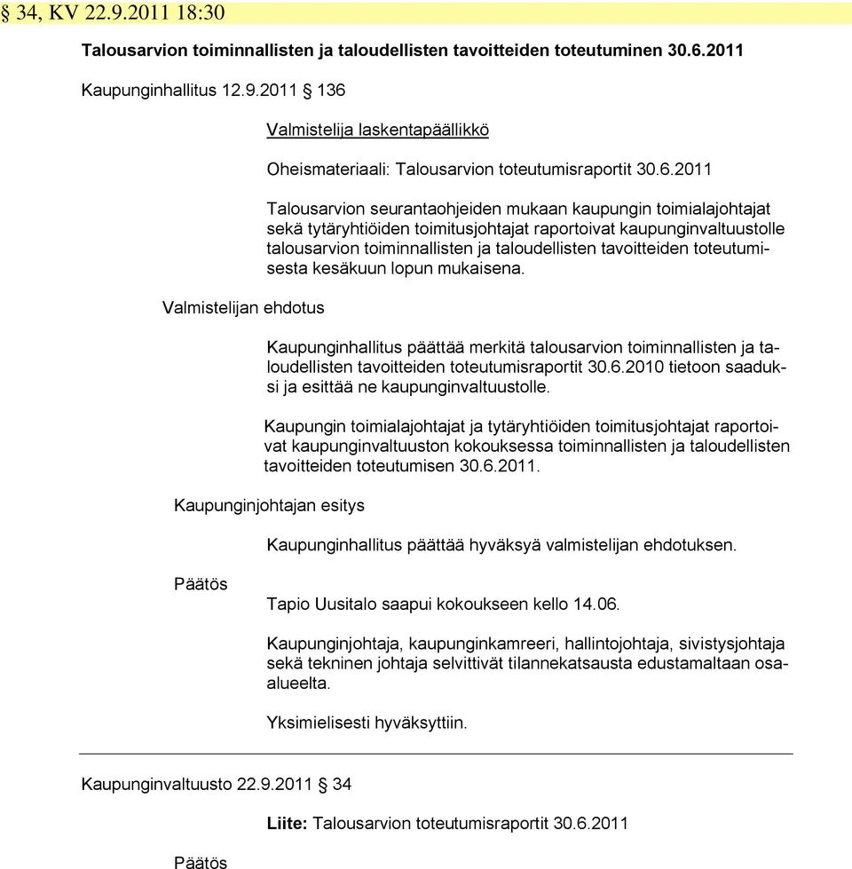 tavoitteiden toteutumisesta kesäkuun lopun mukaisena. Kaupunginhallitus päättää merkitä talousarvion toiminnallisten ja taloudellisten tavoitteiden toteutumisraportit 30.6.